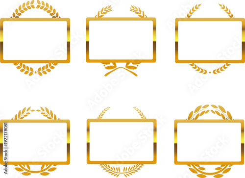メタリックゴールドの長方形プレートと月桂樹リース装飾6種セット｜表彰バッジ・高級ロゴ・認定証デザインに使えるラグジュアリーフレームベクター素材