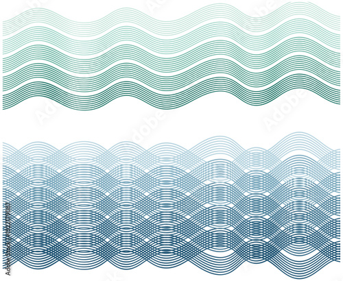 グリーンとブルーの重なり合うラインウェーブが広がる抽象ボーダーパターン背景｜横長デザインに使えるモダンな曲線装飾ベクター素材