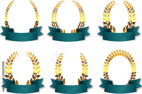 ゴールド月桂樹とディープグリーンリボンの高級エンブレムフレームセット｜表彰・認定・周年記念に使えるラグジュアリー装飾テンプレート素材集