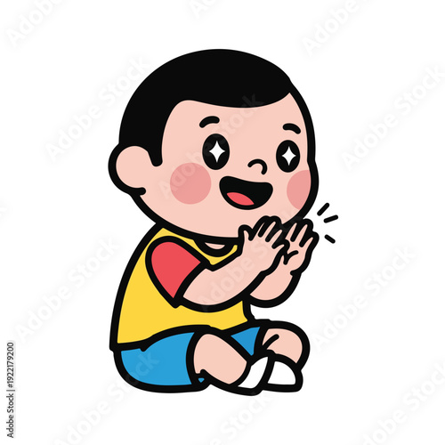 Cute cartoon boy sitting and clapping with excitement and joy