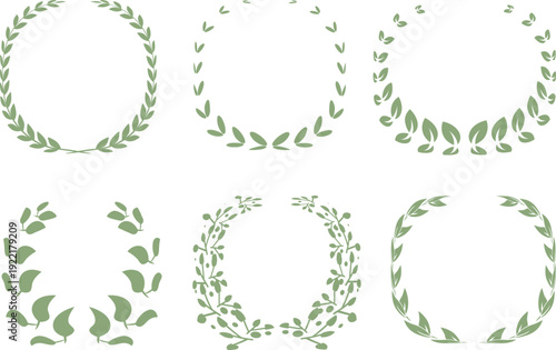 ナチュラルな植物リースと葉のサークルフレームセット、シンプルで優しいボタニカル装飾デザイン、エコ・オーガニック・ウェディング・美容・ライフスタイル向け余白付き円形あしらい素材集
