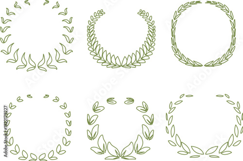 手描き風のシンプルな植物リース素材セット、ナチュラルでやさしい線画のボタニカルフレーム、装飾・ロゴ・見出し・ウェディング・ショップカード・パッケージデザインに使いやすい円形ラウンド装飾集