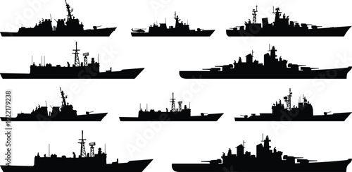 Warship silhouettes collection featuring modern naval destroyers and military vessels isolated on white background, black vector illustration set for navy, maritime defense design