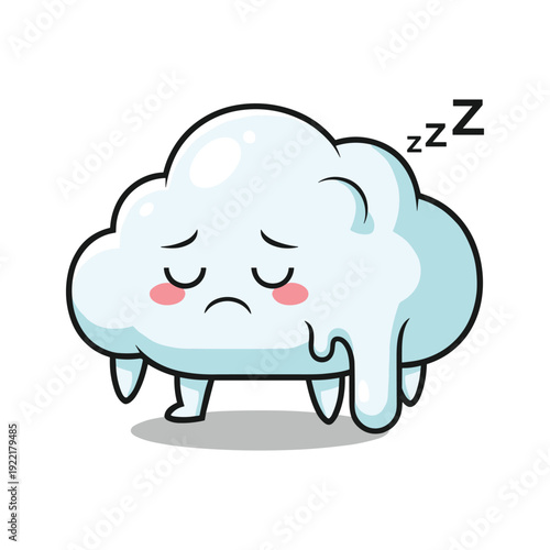 Sleeping cartoon cloud character with sad face on white background