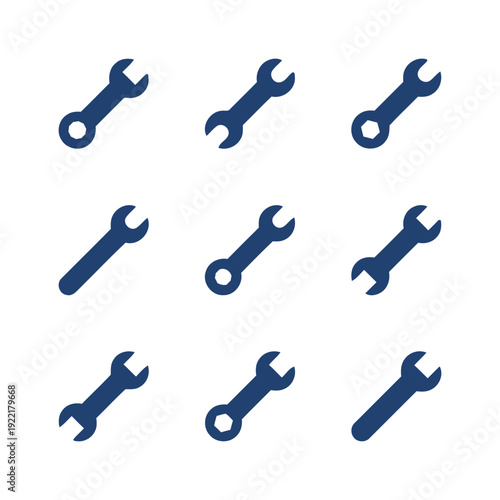 Group of assorted wrench icons in blue, symbolizing tools and repairs