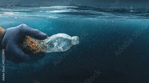 Diver's hand wearing a glove picking up a discarded plastic bottle pollution from under the blue ocean water to clean the environment.