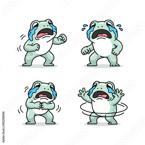 Cartoon frog exercising with enthusiasm and energy in various dynamic poses