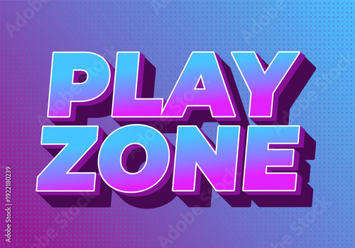 Bold 3D retro text reading PLAY ZONE in purple and blue gradient with long shadow on dotted blue to purple background.