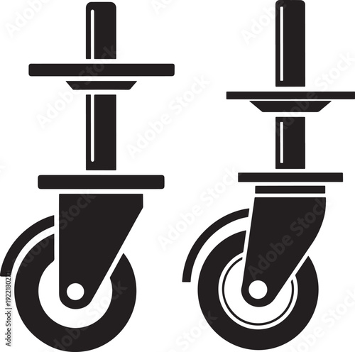 Two black caster wheels in silhouette, one with a swivel top and the other fixed, representing mobility and movement solutions.