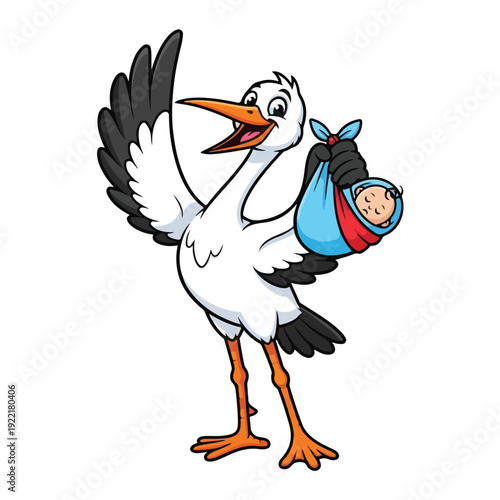 Stork delivering newborn baby wrapped in colorful blanket