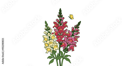 Snapdragon flowers cluster with colorful blooms and butterfly