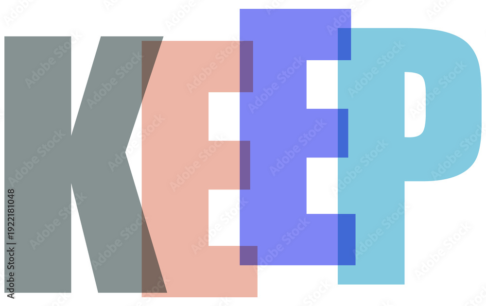 Fototapeta premium Abstract graphic design featuring the word keep spelled out with overlapping multicolored block letters against a solid black background emphasizing layered visual style