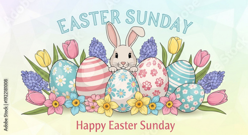 Easter bunny with colorful eggs and flowers on easter sunday morning with spring blooms and decorative easter eggs