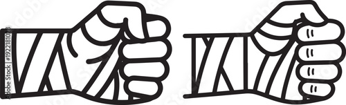 Bandaged Fighter's Fist Vector Icon Set, Symbolizing Strength, Boxing, Martial Arts, Injury, and Determination in a Monochrome Line Art Style