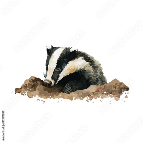 Watercolor Badger Emerging from Burrow Wildlife Illustration.