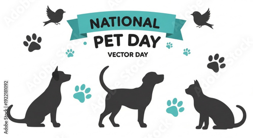 National pet day vector illustration with dog cat and bird silhouettes paw prints and banner