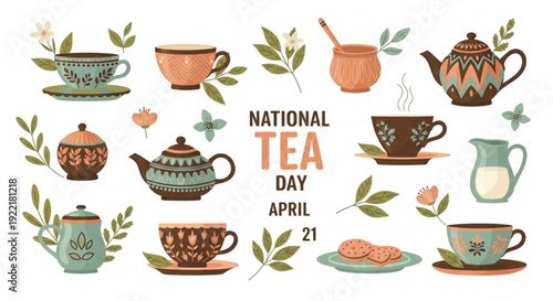 National tea day celebration with various tea cups and teapots on april 21st with leaves and flowers