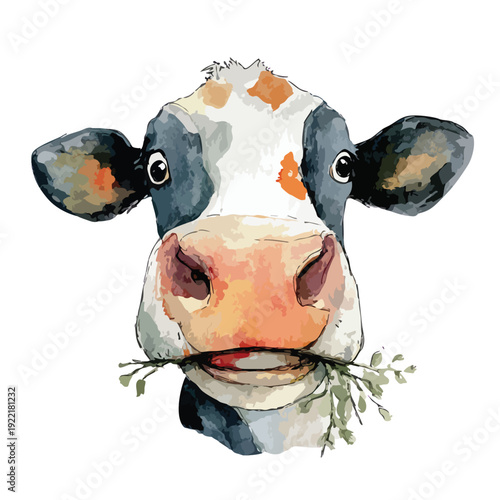 Watercolor Cow Head Chewing Grass Friendly Farm Animal Illustration.