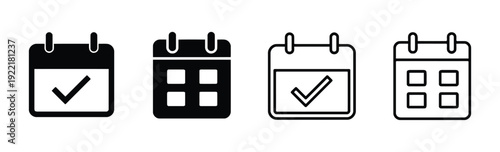 Group of four calendar icons showing date and checked box in solid black and outline variations