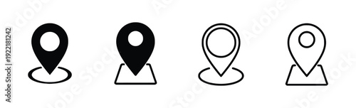 Group of four location pin icons in solid black and outline styles