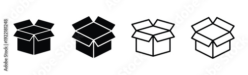 Group of four open box icons displaying package in solid black and outline forms