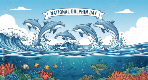 Dolphins jumping out of ocean waves on national dolphin day with coral reef and sea life below
