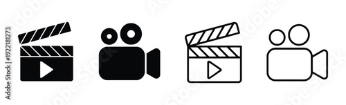 Group of four video camera and clapperboard icons in solid and outline styles