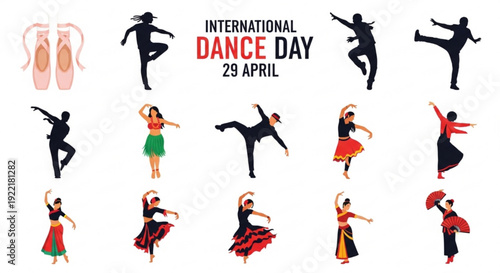 International dance day celebration with dancers in various poses and costumes