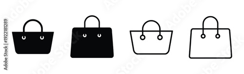 Group of handbag icons in solid black and outline, shopping bags for fashion and commerce