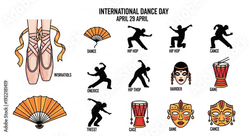 International dance day celebration with various dance styles and symbols on white background