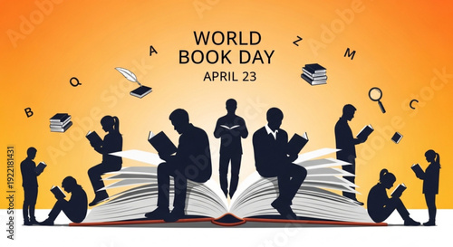 World book day illustration with people reading on an open book