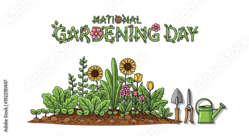 National gardening day illustration with flowers tools and soil on white background