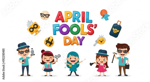 Colorful cartoon characters celebrating april fools' day with prank items and playful expressions on white background