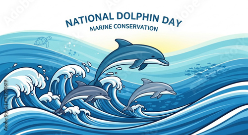 Dolphins jumping out of ocean waves on national dolphin day for marine conservation awareness