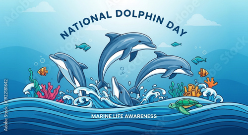 Dolphins jumping ocean waves with fish coral reef national dolphin day marine life awareness
