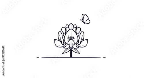 Lotus flower with butterfly in minimal line art
