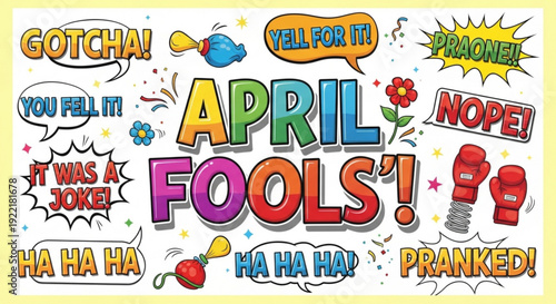 Colorful april fools' day stickers with prank phrases and emojis on white background