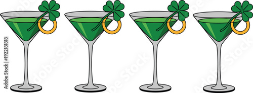 St Patrick Day green cocktail martini illustration set, shamrock garnish festive Irish holiday drink vector design