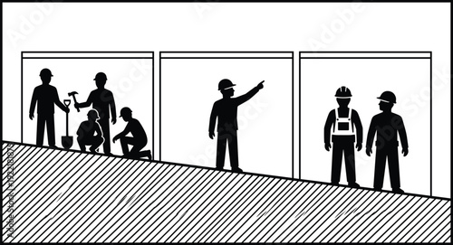 Construction Workers Silhouette Illustration Showing Builders Working, Supervising and Planning at Building Site, Engineering Teamwork and Industrial Development Concept