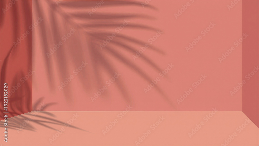 Fototapeta premium Coral studio with overlapping palm leaf shadows, soft lighting