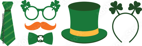 St Patrick Day photo booth props clipart, Irish accessories set, shamrock glasses hat tie mustache, festive vector elements