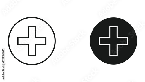 Plus sign icon inside a circle, representing add, new, or positive action, in outline and solid
