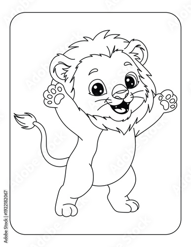 Cute baby lion cub standing on hind legs with arms raised in joy, coloring page.