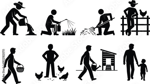 Farmers and Agricultural Activities Silhouette Icon Set Showing Rural Farming Work, Poultry Care, Irrigation, Harvesting, and Countryside Lifestyle Concepts