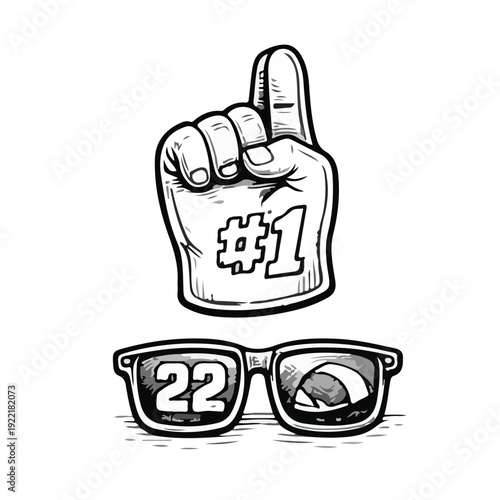 Hand-drawn foam finger with sunglasses illustration in black and white sketch style, symbolizing sports fan excitement and game day spirit isolated on white background.