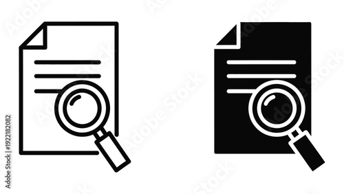 Document with magnifying glass icon, representing search, analysis, or research, in outline and solid
