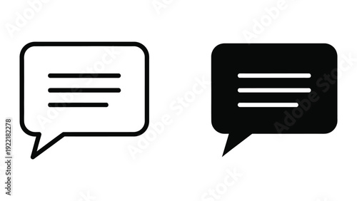 Chat Speech Bubble Icon with Text Lines in Flat Black and White Vector Graphic