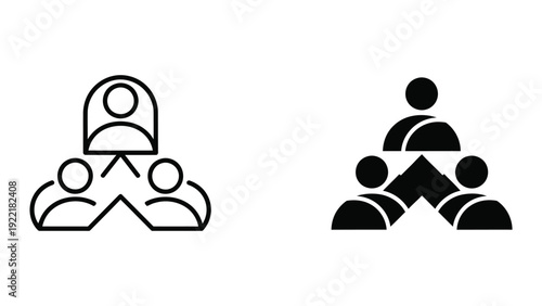 Teamwork and leadership icons, showing hierarchy and collaboration with outline and solid fill options