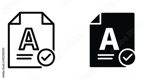 Document icons with letter A and checkmark, representing text editing, grading, or approval, in outline and solid