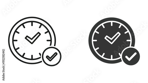 Clock icons with checkmarks, symbolizing time management, deadlines, and punctuality, in outline and solid fill